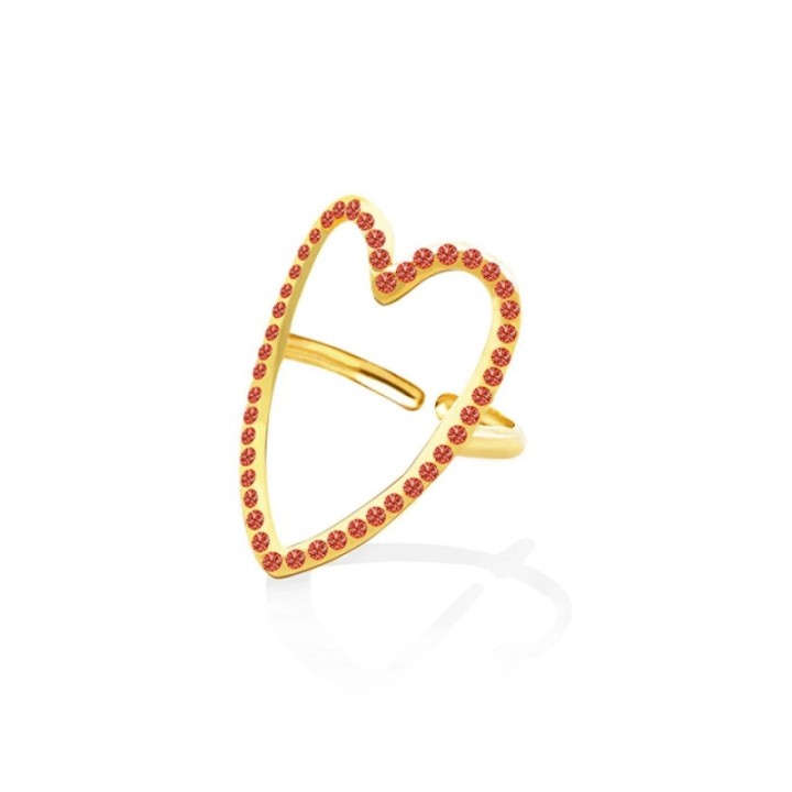 Anello Regolabile Cuore con Strass Rossi Acciaio