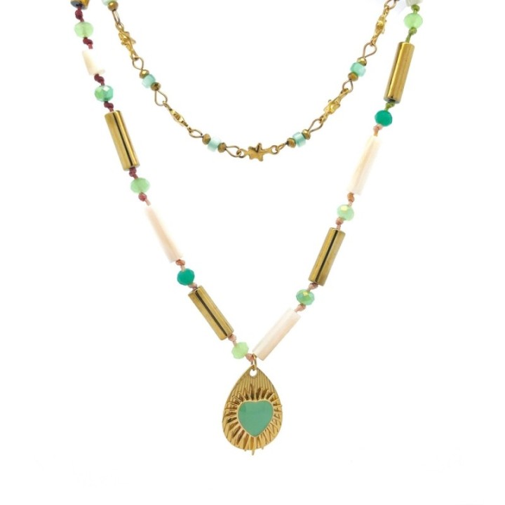 Girocollo Doppio-Filo Pendente Cuore Verde Acciaio 316L