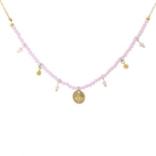 Girocollo Perline Cristalli Rosa con Pendenti Acciaio 316L