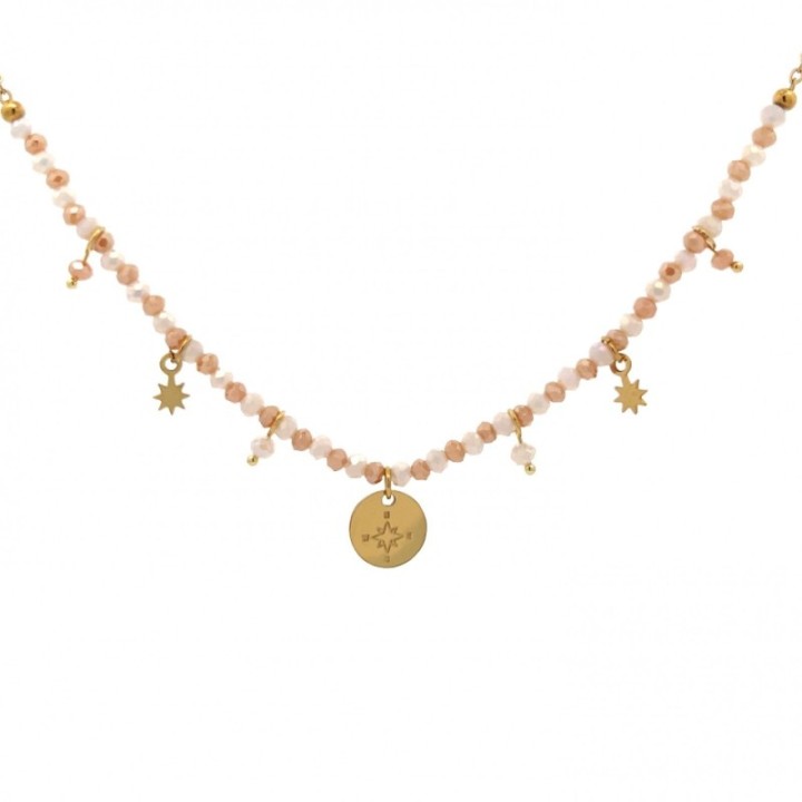 Girocollo Perline Cristalli Champagne con Pendenti Acciaio 316L