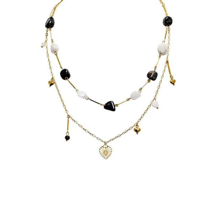 Girocollo Doppio-Filo Pietre Bianconere e Charms Acciaio 316L