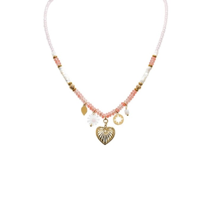 Girocollo Perline Bianco-Rosa Charms Acciaio 316L