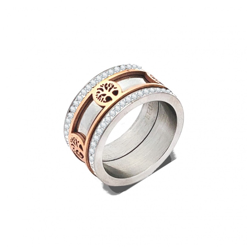 Anello Fascia Albero della Vita Strass Acciaio Bicolore
