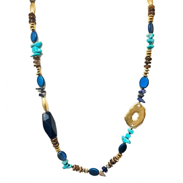 Collana Lunga Perline Aurea Malawi Blu-Turchese