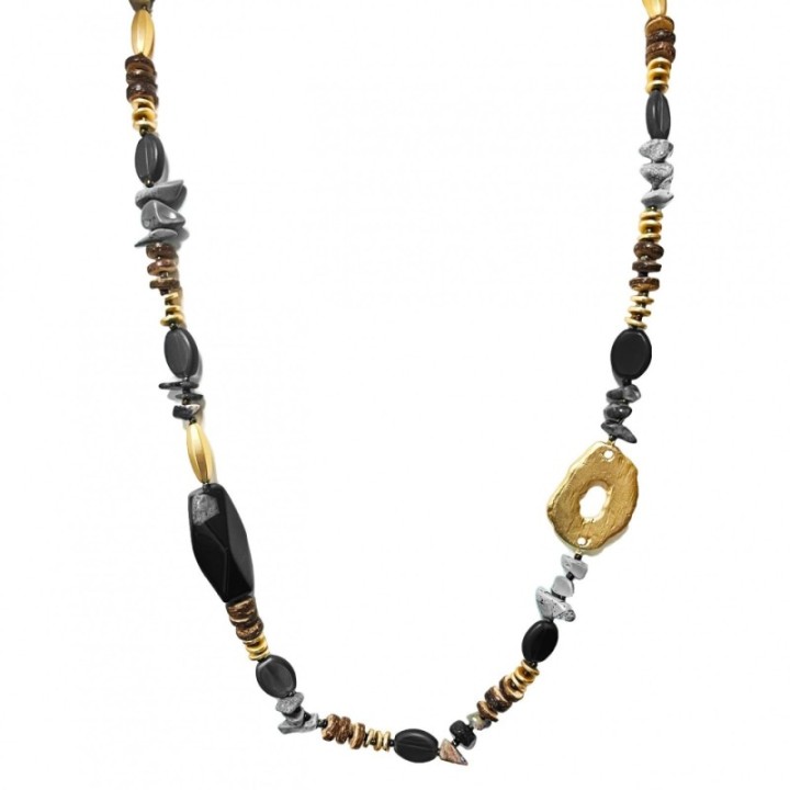 Collana Lunga Perline Aurea Malawi Nero-Grigio
