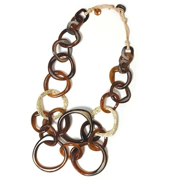 Collana Resina Lunga Marrone Multicerchi Aurea