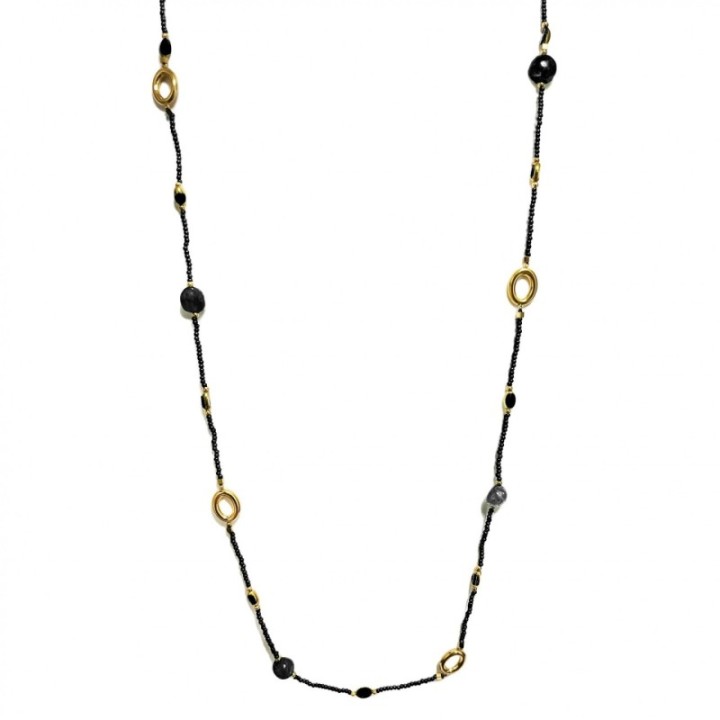 Collana Cristallina Lunga Oro-Nero Acciaio