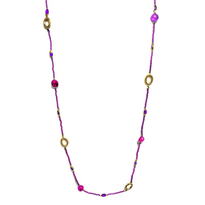 Collana Cristallina Lunga Oro-Fucsia Acciaio