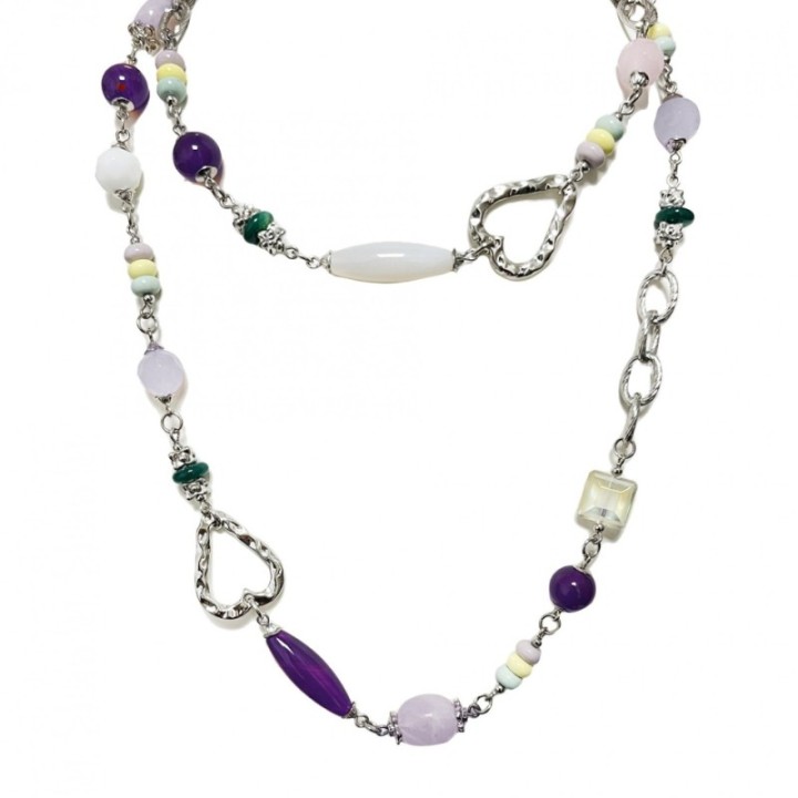 Collana Bijoux Lunga Cuori e Pietre Rosa-Viola