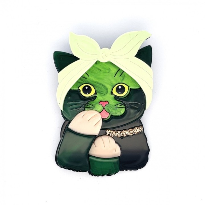 Spilla Resina Gatta Nonnina Verde Bosco