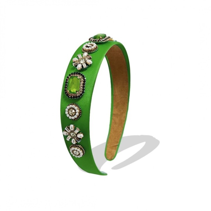 Cerchietto Nastro Tessuto Verde Perle e Zirconia