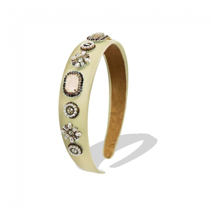 Cerchietto Nastro Tessuto Beige Perle e Zirconia