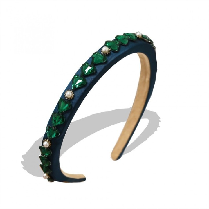 Cerchietto Blu Perle e Cuore Cristalli Verdi