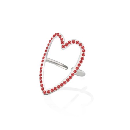Anello Regolabile Cuore con Strass Rossi Acciaio