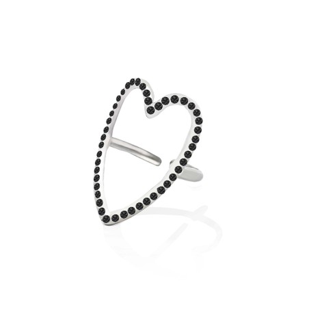 Anello Regolabile Cuore con Strass Neri Acciaio