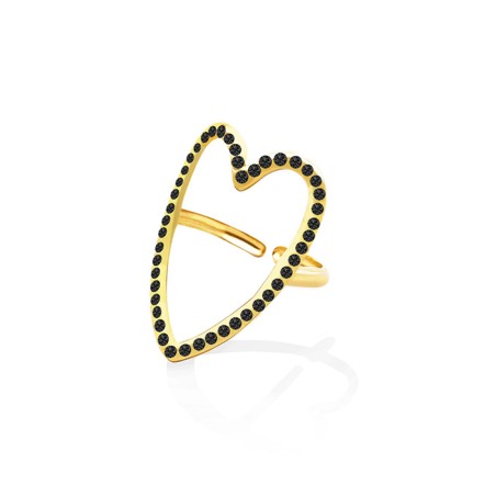 Anello Regolabile Cuore con Strass Neri Acciaio