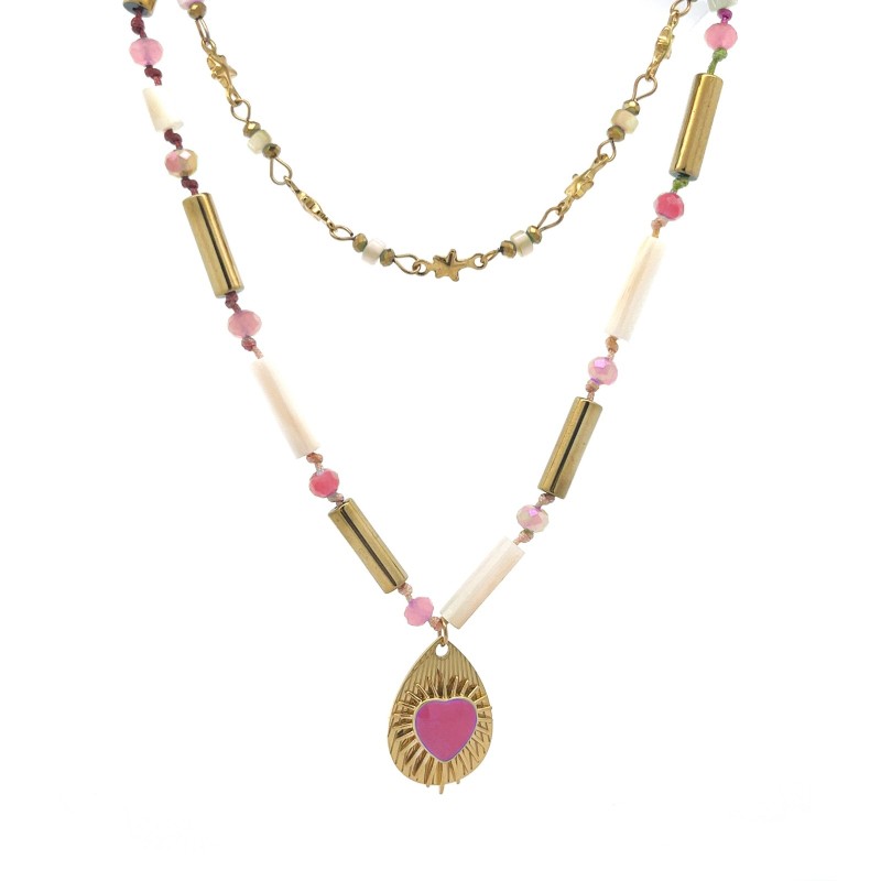 Girocollo Doppio-Filo Pendente Cuore Fucsia Acciaio 316L