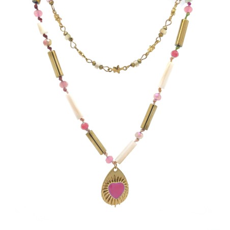 Girocollo Doppio-Filo Pendente Cuore Fucsia Acciaio 316L