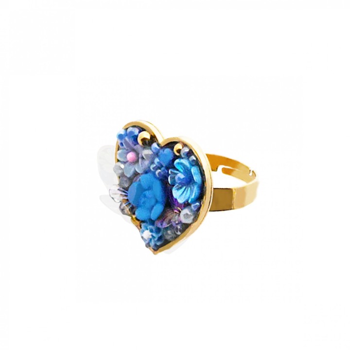 Anello Cuore Micro-Mosaico Blu Regolabile