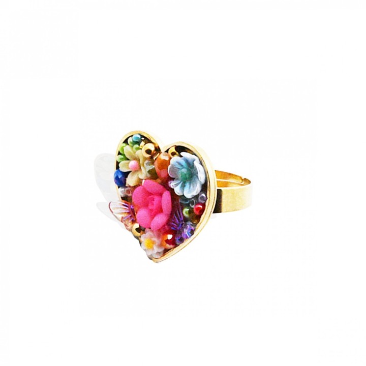 Anello Cuore Micro-Mosaico Multicolore Regolabile