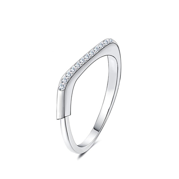 Anello di Fidanzamento Wishbone V-Shape Acciaio Silver con Pavé di Zirconi