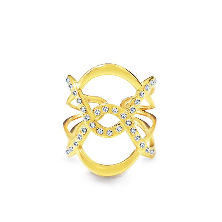 Anello Placcato Oro Giallo Intrecciato Simmetrico con Zircone