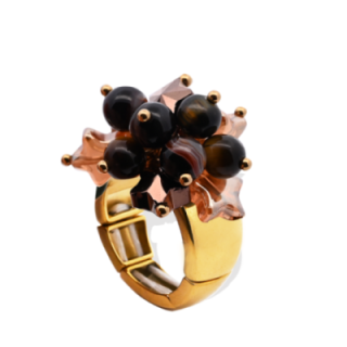 Anello Placcato Oro Giallo Elastico Stella con Perline Di Pietre Marroni