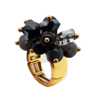 Anello Placcato Oro Giallo Elastico Stella con Perline Di Pietre Nere