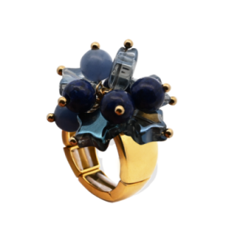 Anello Placcato Oro Giallo Elastico Stella con Perline Di Pietre Blu