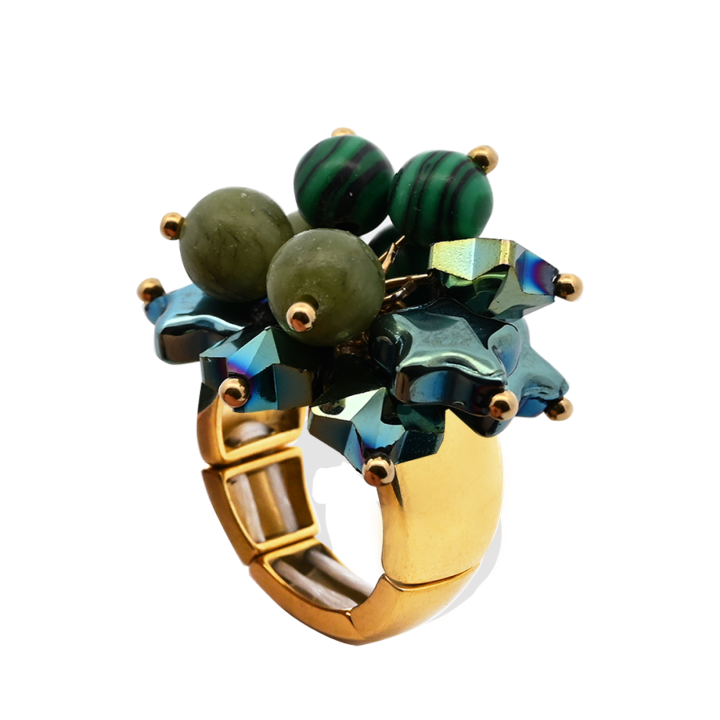 Anello Placcato Oro Giallo Elastico Stella con Perline Di Pietre Verdi