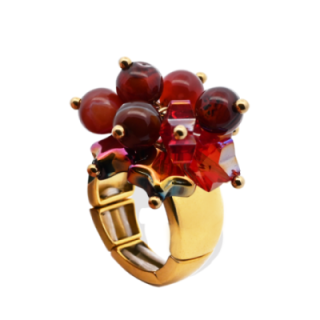 Anello Placcato Oro Giallo Elastico Stella con Perline Di Pietre Rosse