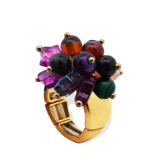 Anello Placcato Oro Giallo Elastico Stella con Perline Di Pietre Multixolore