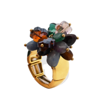 Anello Placcato Oro Giallo Elastico Fiore con Perline Di Pietre Multicolore