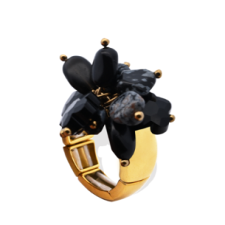 Anello Placcato Oro Giallo Elastico Fiore con Perline Di Pietre Nere