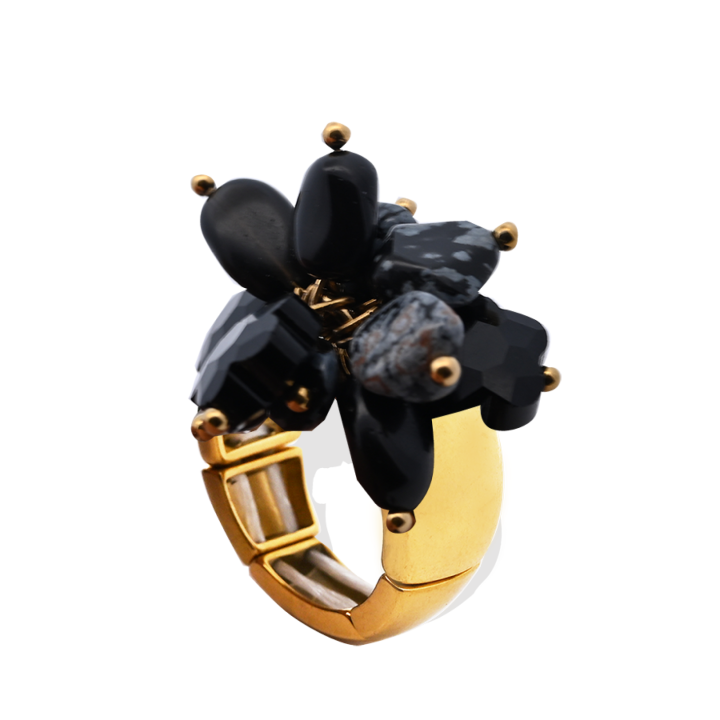 Anello Placcato Oro Giallo Elastico Fiore con Perline Di Pietre Nere