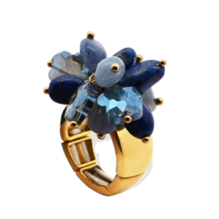 Anello Placcato Oro Giallo Elastico Fiore con Perline Di Pietre Blu