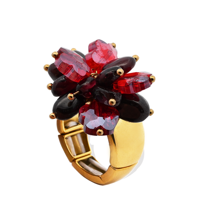 Anello Placcato Oro Giallo Elastico Fiore con Perline Di Pietre Rosse
