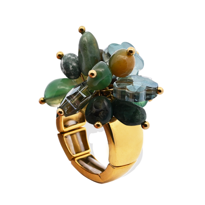 Anello Placcato Oro Giallo Elastico Fiore con Perline Di Pietre Verdi
