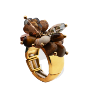 Anello Placcato Oro Giallo Elastico Fiore con Perline Di Pietre Caffè