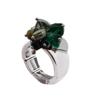Anello Acciaio Silver Elastico Cuore con Cristalli Verdi