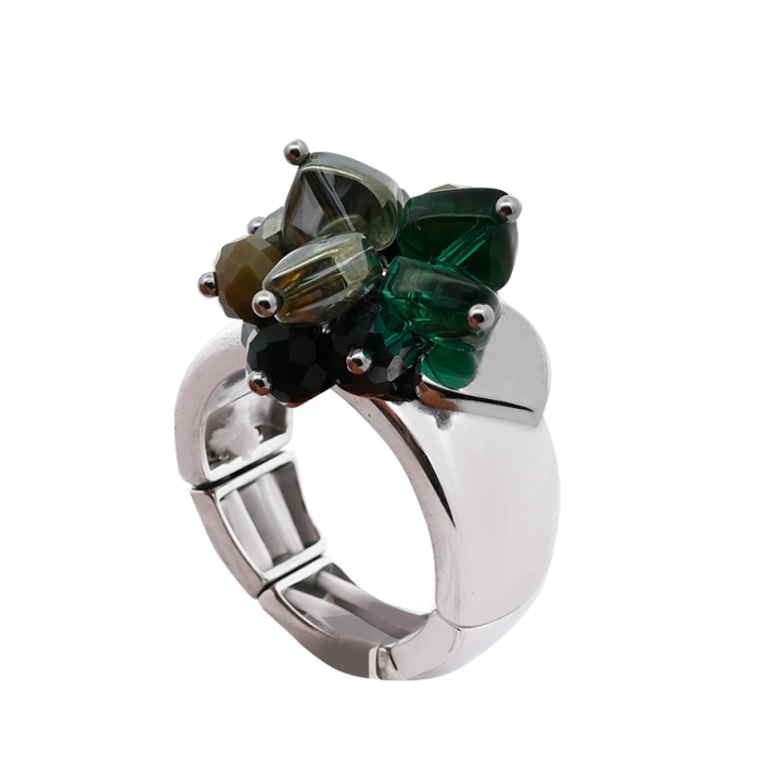 Anello Acciaio Silver Elastico Cuore con Cristalli Verdi
