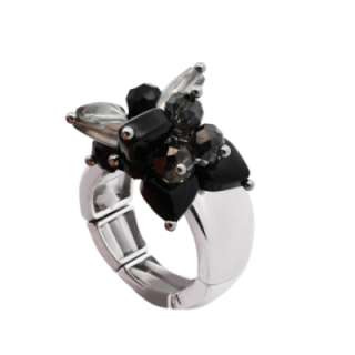 Anello Acciaio Silver Elastico Cuore con Cristalli Neri