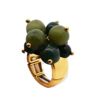 Anello Placcato Oro Giallo Elastico con Perline Di Pietre Verdi