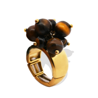 Anello Placcato Oro Giallo Elastico con Perline Di Pietre Caffè