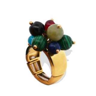 Anello Placcato Oro Giallo Elastico con Perline Di Pietre Multicolore