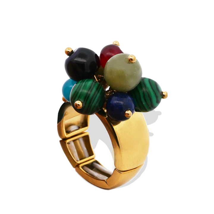 Anello Placcato Oro Giallo Elastico con Perline Di Pietre Multicolore
