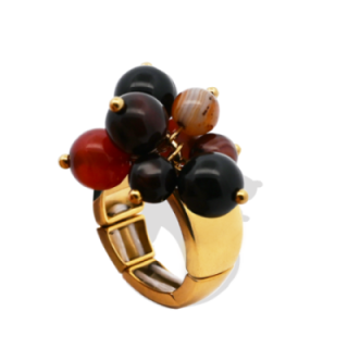 Anello Placcato Oro Giallo Elastico con Perline Di Pietre Rosse