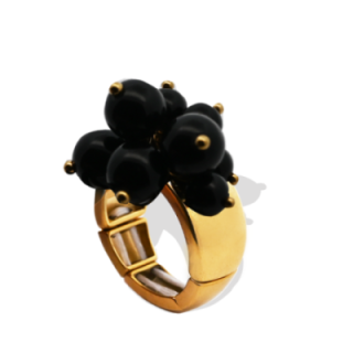 Anello Placcato Oro Giallo Elastico con Perline Di Pietre Nere