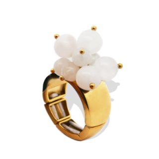 Anello Placcato Oro Giallo Elastico con Perline Di Pietre Bianche