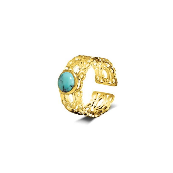 Anello a Fascia Aperta Placcato Oro Giallo Traforato con Pietra Centrale Azzurra